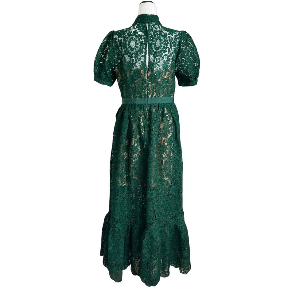 Self-Portrait Green Guipure Lace Midi Dress Women's US 10 Puff Sleeve Formal - Picture 3 of 9